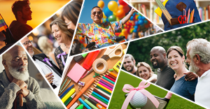 A collage of diverse people of different ages smiling, celebrating, shopping, and enjoying outdoor activities together.